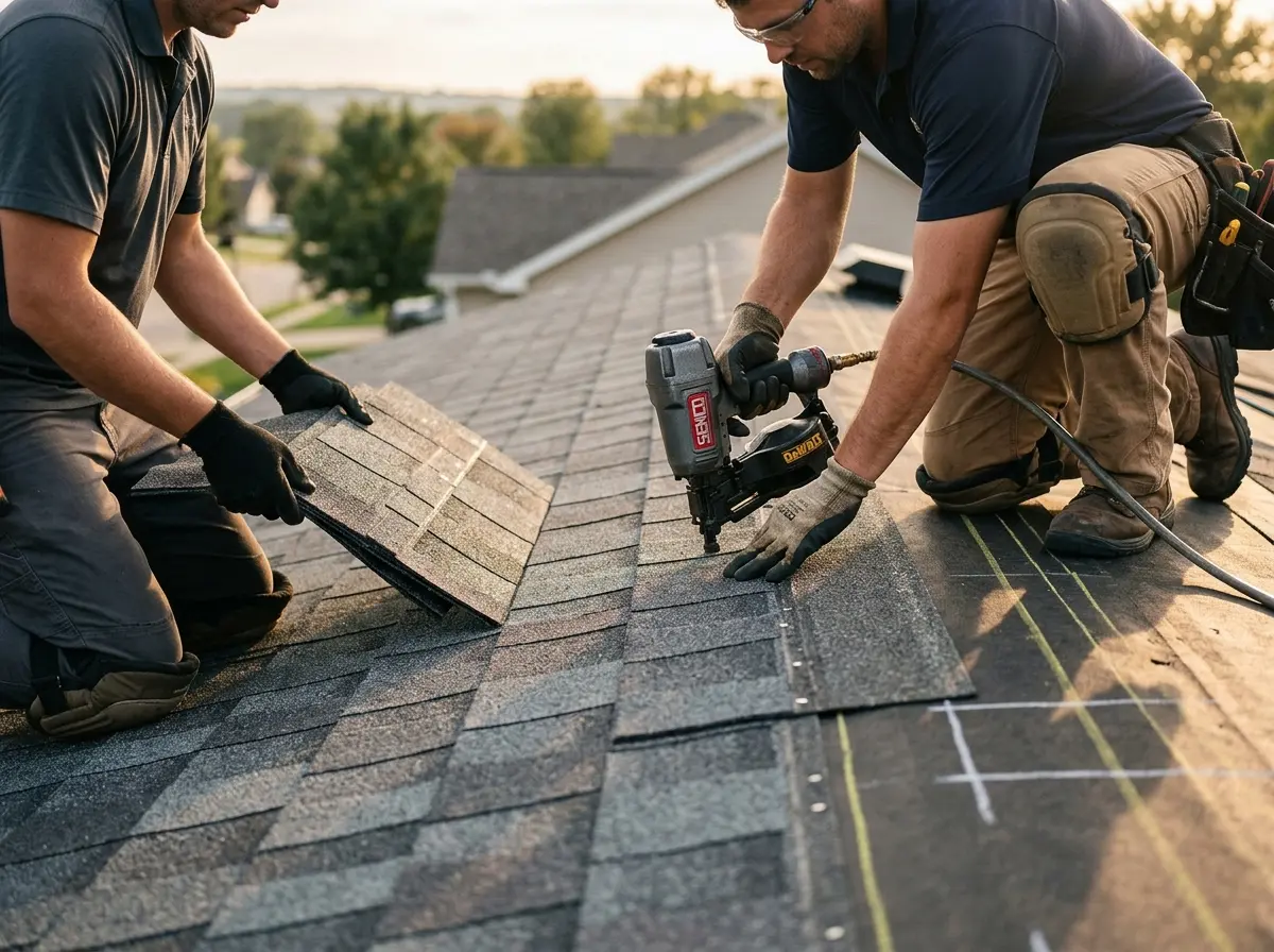 Professional roofer working on a residential roof in Penitas